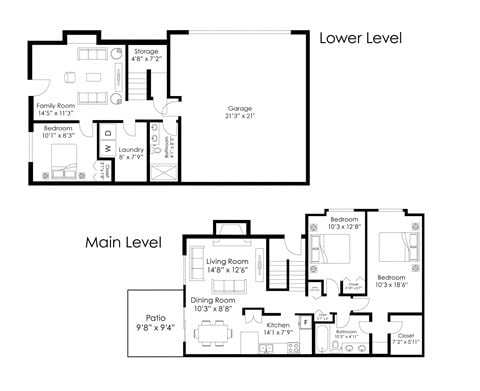 Floor plan for 3 beds, 2 baths, 1600 sqft